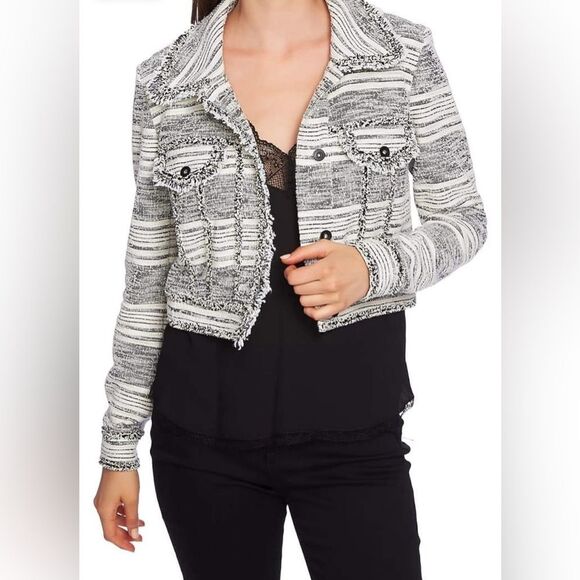 1. State Black Cream Fringe Tweed Button Front Long Sleeve Blazer Jacket - Picture 3 of 15